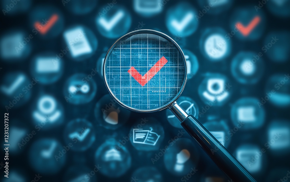 Poster business project proposal with magnifying glass emphasizing a check mark among crossedout icons, sym
