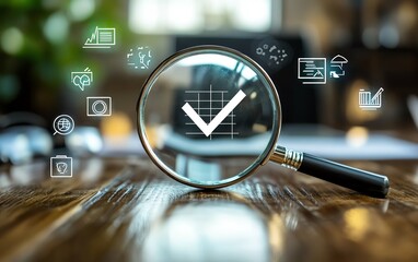 Business project proposal with magnifying glass emphasizing a check mark among crossedout icons, symbolizing quality control, approval, and document review process