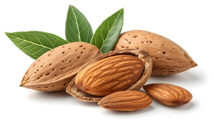 Close-Up Almonds with Textured Shells & Green Leaves – Macro V7