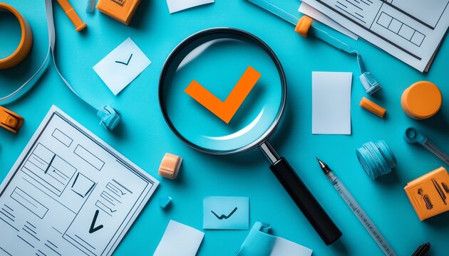Approval process concept with magnifying glass highlighting check mark, crossedout icons, quality control in business project proposal or document review, blue background