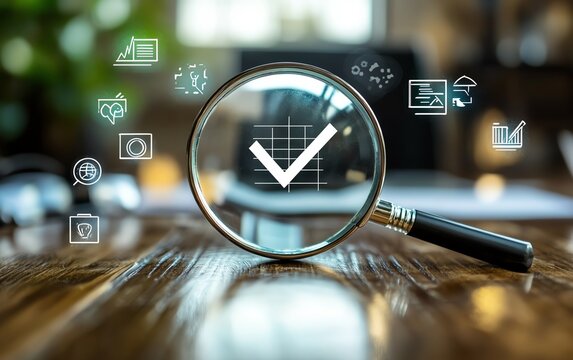 Business project proposal with magnifying glass emphasizing a check mark among crossedout icons, symbolizing quality control, approval, and document review process