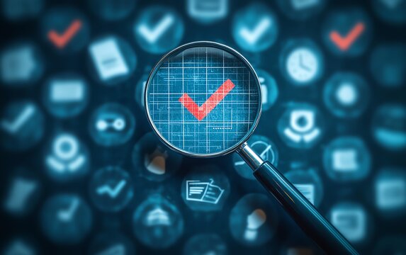Business project proposal with magnifying glass emphasizing a check mark among crossedout icons, symbolizing quality control, approval, and document review process