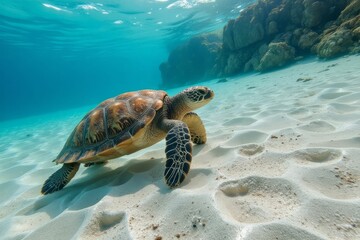 Obraz premium Green Sea Turtle Swimming Over Sandy Ocean Floor