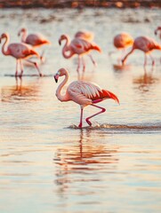 Obraz premium A flamingo flock wading in a shallow lagoon at golden hour.