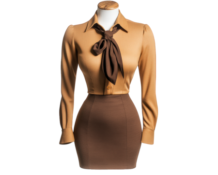 Stylish fitted pencil skirt with tied blouse, perfect for vintage inspired look. This outfit combines elegance and sophistication, ideal for professional settings - Powered by Adobe
