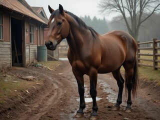 Obraz premium Brown Horse Stands Near Rustic Wooden Barn