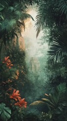 Lush Tropical Foliage Veiling Ancient Ruins In Mist