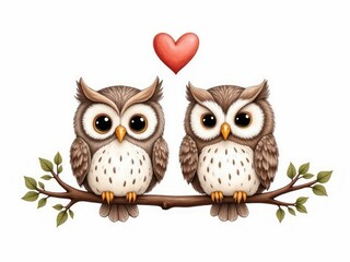Two Adorable Owls Perched on a Branch with a Heart