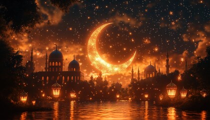 Magical Night Scene Ramadan Crescent Moon Sparkling Stars Mosque Cityscape Lantern Lights