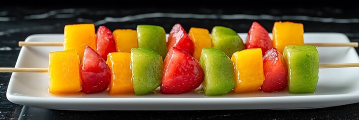 Bright overhead shot of colorful fruit skewers on a white plate highlighting natural and healthy snacks