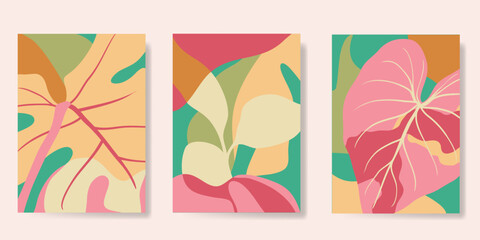 Obraz premium Abstract summer background poster vector. Minimal hand drawn wallpaper design with monstera leaf, organic shape. Painting for summer season, wall decoration, interior, background.