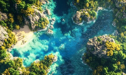 Secluded Tropical Cove, Aerial View, Boat, Island Paradise