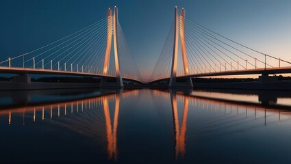 Obraz premium Twin Cable-Stay Bridges at Sunset: Majestic twin cable-stay bridges stand tall against a twilight sky, their elegant structures mirrored perfectly in the calm water below.