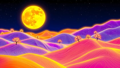 Obraz premium Golden Moonlit Landscape: 3D Wall Art with Mountains and Waves