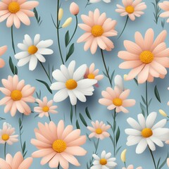Seamless floral pattern with cheerful white daisies, vibrant yellow accents, set against a soft pastel pink background, calming and fresh 