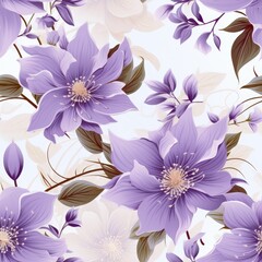 Obraz premium Seamless vector pattern with clematis flowers in soft purple and lavender tones, intricate details, harmonious floral layout 