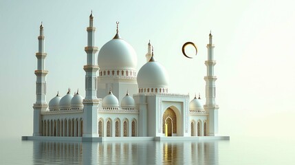 Obraz premium Majestic White Mosque by the Water: Islamic Architecture, Serenity, and Faith