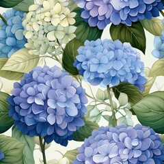 A seamless pattern featuring hydrangeas in vibrant shades of blue and lavender purple, accented with delicate green foliage on a muted cream background, elegant and fresh 