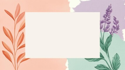 Obraz premium Floral Frame for Creativity: A delicate and versatile design featuring a white rectangle framed by a soft watercolor background of muted pink, green, and purple tones adorned with simple.