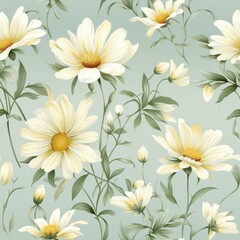 Obraz premium A seamless pattern featuring pastel-toned chamomile flowers with gentle white petals, muted yellow centers, and light green stems on a soft beige background, serene and refined