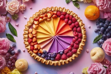 A colorful pie with a rainbow of fruit slices on top