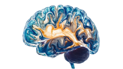 Human brain showing colorful swirls representing ideas and creativity on transparent background