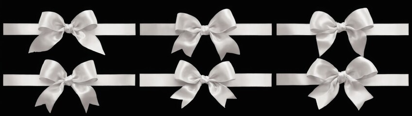 Naklejka premium Stunning arrangement of six white ribbons with shiny satin bows on a black background, showcasing simple and elegant design.