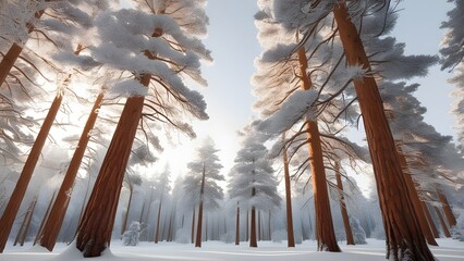 AI GENERATE, snowy pine forest with soft sunlight ,purpose for background