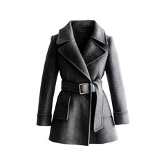 Grey Wool Coat with Wide Collar and Belt Isolated on Transparent Background