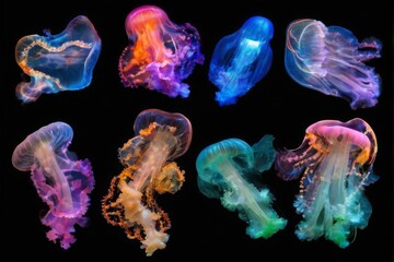 Colorful array of nine vibrant jellyfish in a grid formation on black background, creating dynamic 3D effect.