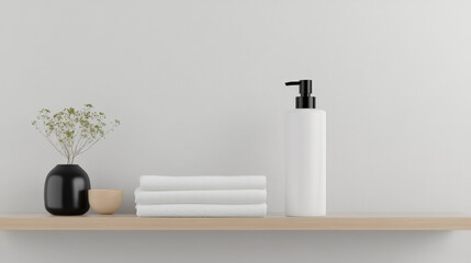 Spa-like bathroom shelf with folded towels, a pump bottle, and a vase of dried flowers. Minimalist and serene.