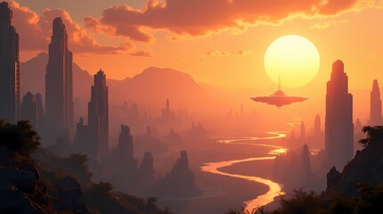 A futuristic metropolis on another planet with exotic vegetation and giant spaceships