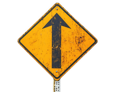 Warning sign indicating direction with arrow pointing up, featuring weathered and rusty appearance. This sign is essential for guiding drivers safely