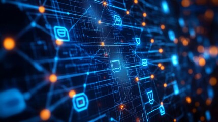 Obraz premium Abstract Digital Network: Glowing Blue and Orange Nodes Connected by Lines on Dark Background