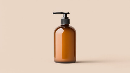 Amber glass pump bottle against a beige background.  Perfect for lotions, shampoos, or other beauty products.