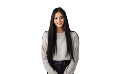 portrait of a young woman with long, straight black hair, wearing a light gray sweater and dark jeans, smiling confidently, solid white background, copyspace for text