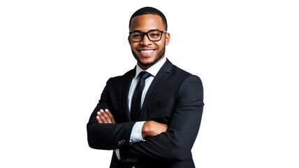 portrait of a male business professional with glasses, isolated on a white background, wearing a black suit and tie, smiling with confidence, copyspace