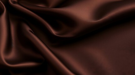 Fototapeta premium A cinematic, close-up shot of luxurious, dark chocolate brown silk satin fabric, richly textured with deep folds and shimmering glitter. The black background enhances the fabric's elegance.