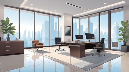 Vector illustration of a luxury real estate office with modern interior design and digital property listings.