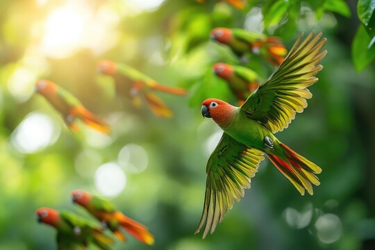 Parakeets flying freely among vibrant, tropical foliage, their bright colors blending with the lush greenery