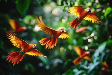 Parakeets flying freely among vibrant, tropical foliage, their bright colors blending with the lush greenery