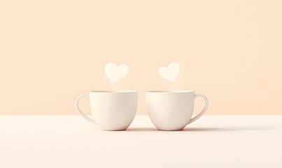 Two mugs, hearts, steam, pastel background, romantic