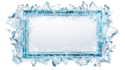 Frozen frame surrounded by ice crystals on transparent background