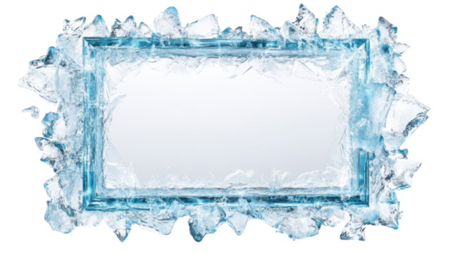 Frozen frame surrounded by ice crystals on transparent background