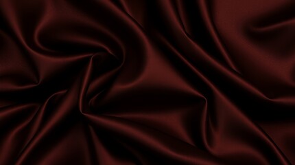 Fototapeta premium Film-like image of dark chocolate brown silk satin fabric, rich and luxurious with shimmering glitter, elegantly draped with deep folds and creases, on a black background