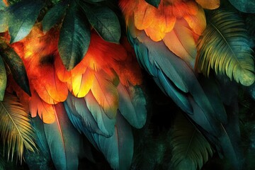 Obraz premium Parrot feather patterns woven into a scene of tropical fruit trees, where the bright, vivid colors blend with the lush greenery, creating a lively, exotic atmosphere
