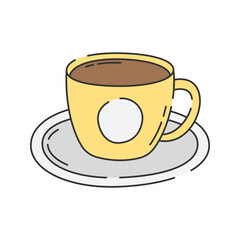 Cup of Coffee Doodle Illustration, A hot cup of coffee served on a saucer. 