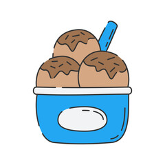 Ice Cream Bowl Doodle Illustration, A bowl filled with scoops of ice cream and a spoon. 
