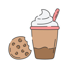 Iced Coffee with Whipped Cream and Cookie Doodle Illustration, A tall glass of iced coffee topped with whipped cream and a straw. 