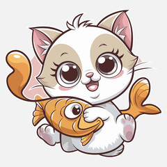 Cute Cat Poke Fish With Fork Cartoon jpg